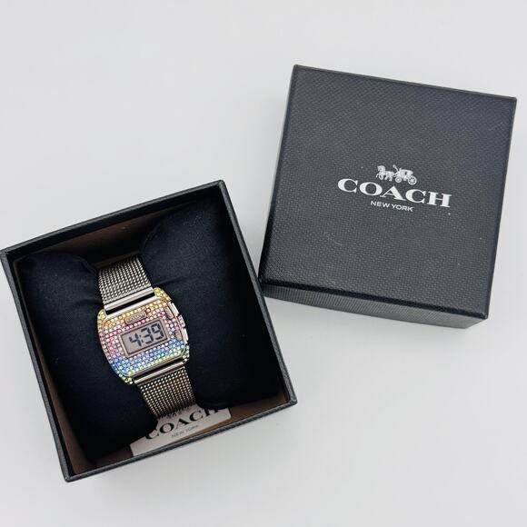 Coach Accessories - Coach Darcy Digital Watch Rainbow Crystal Mesh Stainless Steel 30 MM Womens NEW